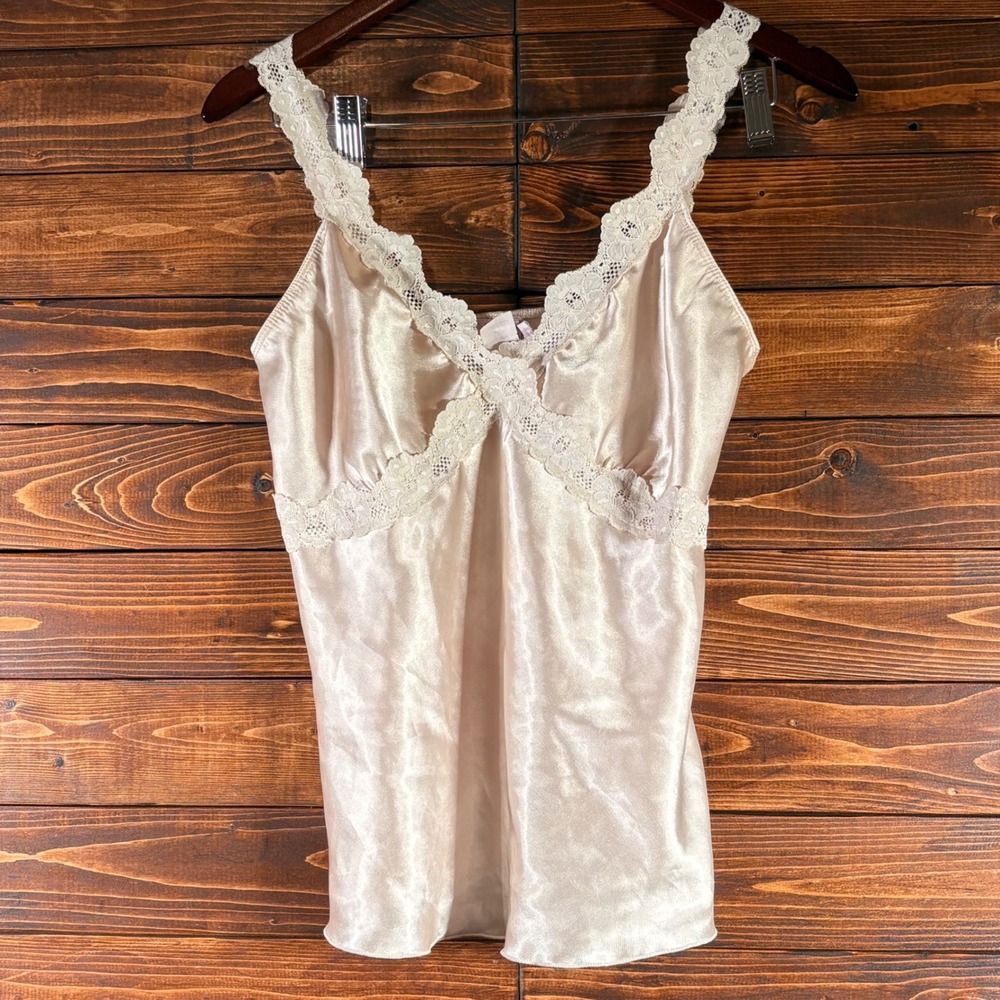 Vintage 90s Lipstick Satin Lace Camisole Made USA Ivory Coquette Lingerie